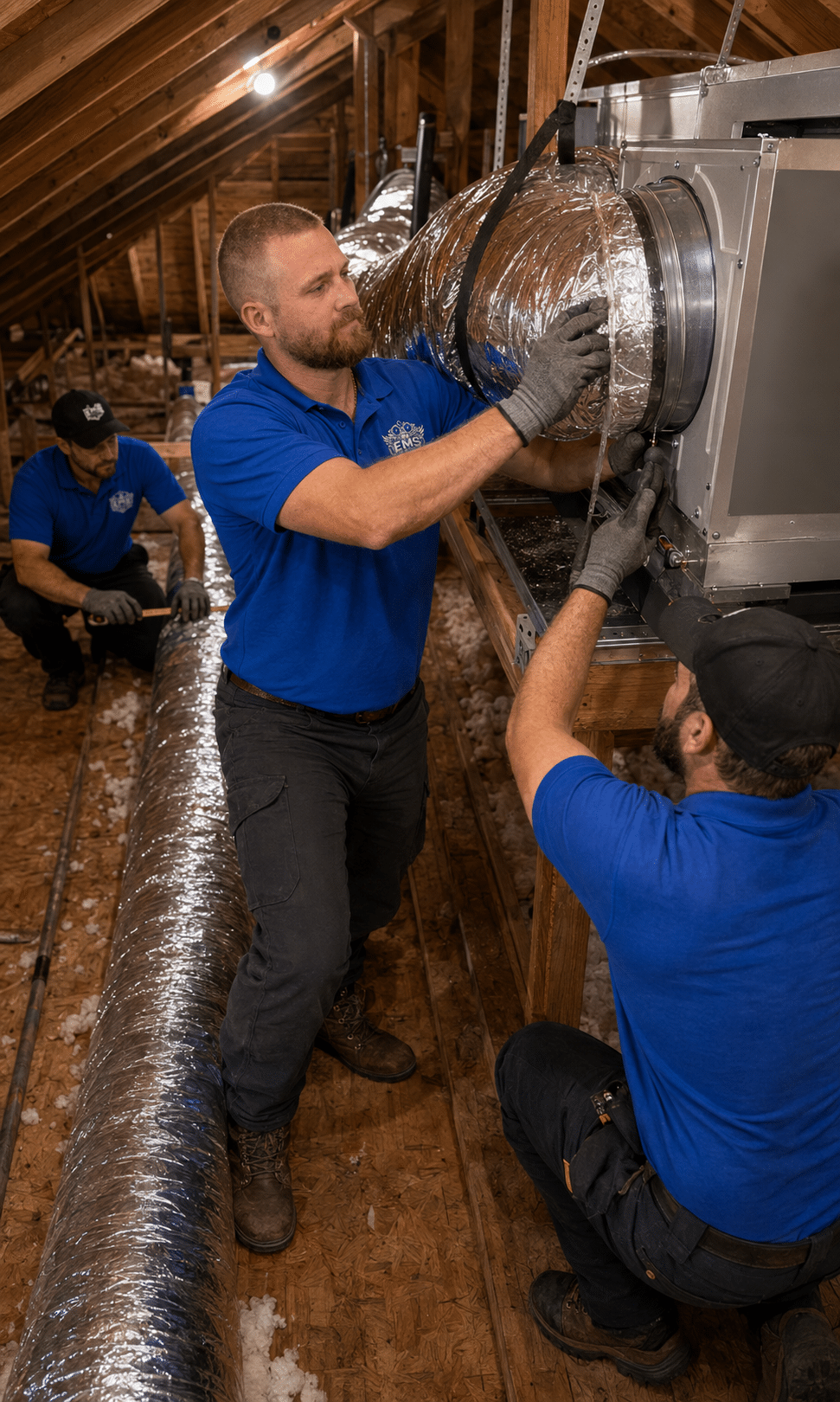 EMS Air Solutions technicians installing HVAC ductwork in a Highlands County attic